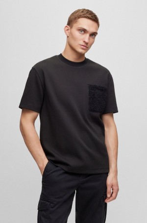 Camiseta Hugo Boss Oversized-fit Interlock-cotton With Teddy Pocket Hombre Negros | 64201-HZVX