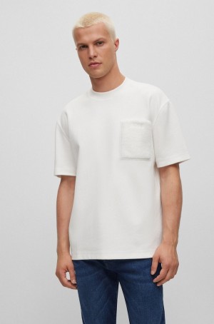 Camiseta Hugo Boss Oversized-fit Interlock-cotton With Teddy Pocket Hombre Blancos | 24709-RFPB