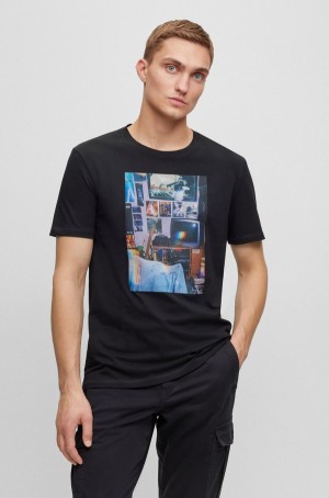 Camiseta Hugo Boss Regular-fit In Algodon With Colección Artwork Hombre Negros | 72968-ONAU
