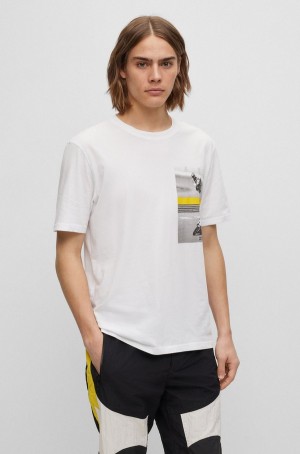 Camiseta Hugo Boss Relaxed-fit Algodon With Motorbike-racing Print Hombre Blancos | 18647-TGCO