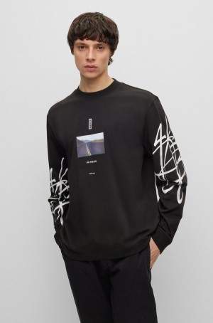 Camiseta Hugo Boss Relaxed-fit Algodon With Streetwear Artwork Hombre Negros | 70842-RNJP