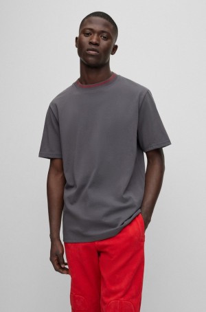 Camiseta Hugo Boss Relaxed-fit In Algodon With Detailed Collarband Hombre Grises Oscuro | 29480-PWOD