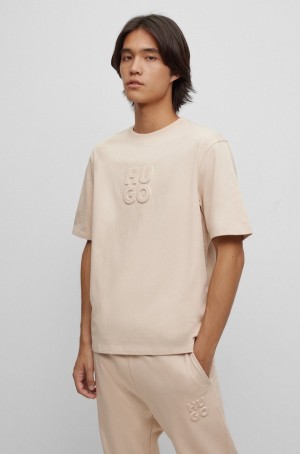 Camiseta Hugo Boss Relaxed-fit In Algodon With Stacked Logo Hombre Beige Claro | 19576-UKPI