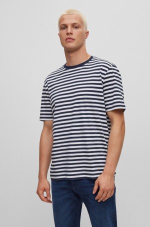 Camiseta Hugo Boss Relaxed-fit In Pure Algodon With Horizontal Stripes Hombre Blancos Azules Oscuro | 07284-PCQZ
