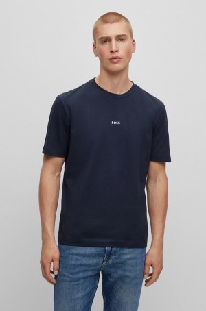 Camiseta Hugo Boss Relaxed-fit In Stretch Algodon With Logo Print Hombre Azules Oscuro | 96258-JCDG
