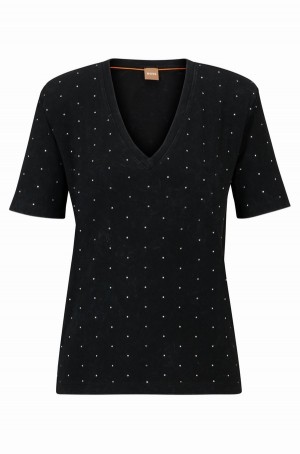 Camiseta Hugo Boss Slim-fit Acid-washed With Crystal Studs Mujer Negros | 13427-UYXC