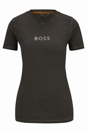 Camiseta Hugo Boss Slim-fit In Algodon With Embellished Logo Mujer Negros | 38719-RNTY