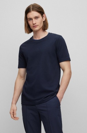 Camiseta Hugo Boss Slim-fit In Structured Algodon With Double Collar Hombre Azules Oscuro | 96574-NACL