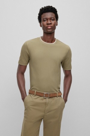 Camiseta Hugo Boss Slim-fit In Structured Algodon With Double Collar Hombre Kaki | 43920-VLFH