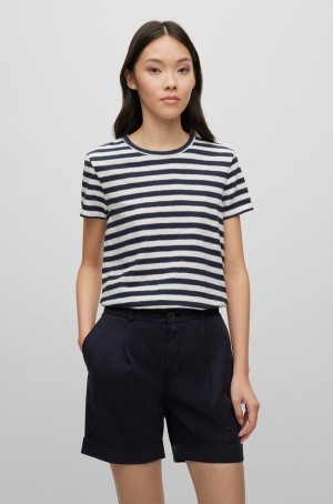 Camiseta Hugo Boss Slub-cotton Slim-fit With Horizontal Stripe Mujer Negros Blancos | 91607-VEHT