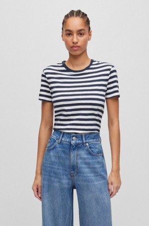 Camiseta Hugo Boss Slub-cotton With Horizontal Stripe Mujer Negros Blancos | 30274-FBLM
