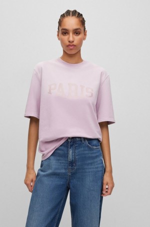 Camiseta Hugo Boss Stretch-cotton With City-name Artwork Mujer Rosas Claro | 03746-XKHJ