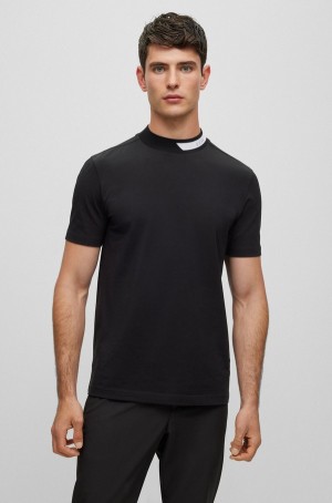 Camiseta Hugo Boss Stretch-cotton With Logo-stripe Jacquard Collar Hombre Negros | 74895-ZUCY