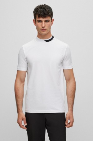 Camiseta Hugo Boss Stretch-cotton With Logo-stripe Jacquard Collar Hombre Blancos | 13697-RCIV