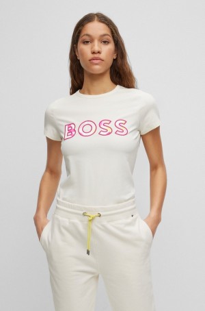 Camiseta Hugo Boss Stretch-cotton With New-season Logo Mujer Blancos | 07941-AJRX