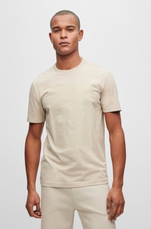 Camiseta Hugo Boss Stretch-cotton With Printed And Embroidered Artwork Hombre Beige | 35109-GBEK