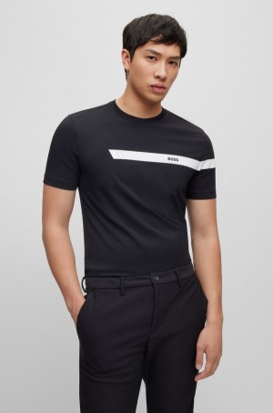 Camiseta Hugo Boss Stretch-cotton With Stripe And Logo Hombre Negros | 27564-AMXY