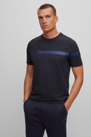 Camiseta Hugo Boss Stretch-cotton With Stripe And Logo Hombre Azules Oscuro | 93571-OCHW