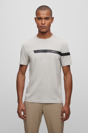 Camiseta Hugo Boss Stretch-cotton With Stripe And Logo Hombre Grises Claro | 61079-KBNM