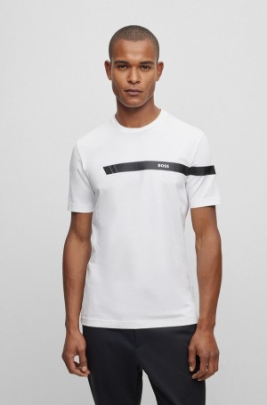 Camiseta Hugo Boss Stretch-cotton With Stripe And Logo Hombre Blancos | 75940-LHJO