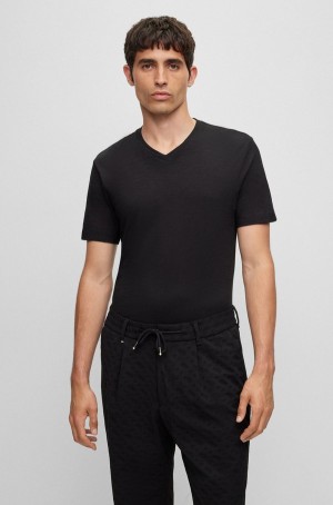 Camiseta Hugo Boss V-neck In Mercerised Algodon Hombre Negros | 93460-XHQC