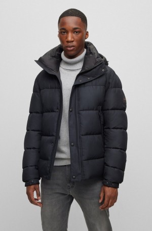 Chamarras Hugo Boss Agua-repellent Encapuchado Puffer With Logo Badge Hombre Negros | 72163-UOMG
