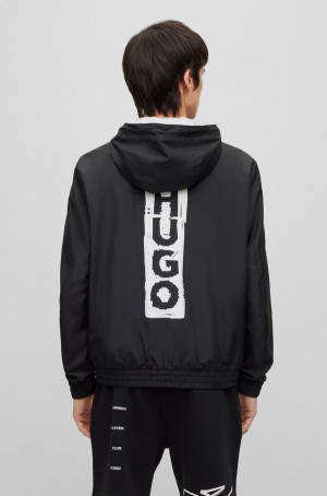 Chamarras Hugo Boss Agua-repellent Encapuchado With Vertical Logo Hombre Negros | 61439-CLDK