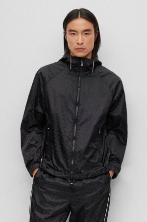 Chamarras Hugo Boss Agua-repellent Encapuchado With Monogram Jacquard Hombre Negros | 84506-PXCS