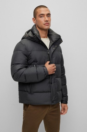 Chamarras Hugo Boss Agua-repellent Encapuchado Puffer With Logo Patch Hombre Negros | 96835-XAJU