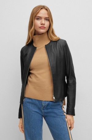 Chamarras Hugo Boss Collarless In Lamb Cuero Mujer Negros | 76354-VEZB