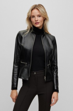 Chamarras Hugo Boss Collarless In Lamb Cuero Mujer Negros | 92578-IFZX