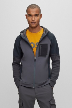 Chamarras Hugo Boss Mixed-material Encapuchado With Signature Pocket Hombre Grises Oscuro | 45632-GMOL