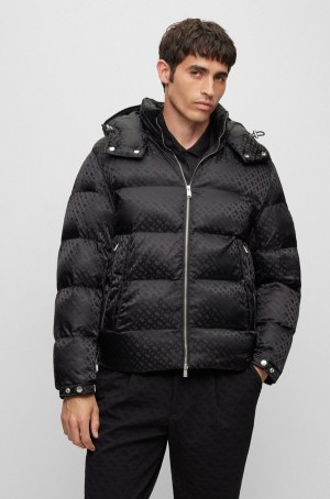 Chamarras Hugo Boss Monogram-jacquard Agua-repellent Acolchado With Hood Hombre Negros | 90485-UQRE