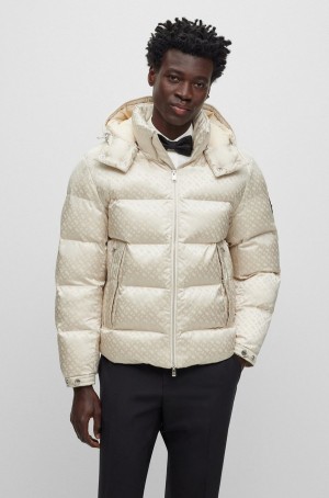 Chamarras Hugo Boss Monogram-jacquard Agua-repellent Acolchado With Hood Hombre Blancos | 25678-MQOE