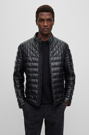 Chamarras Hugo Boss Nappa Cuero With Stand Collar Hombre Negros | 76431-LJQF