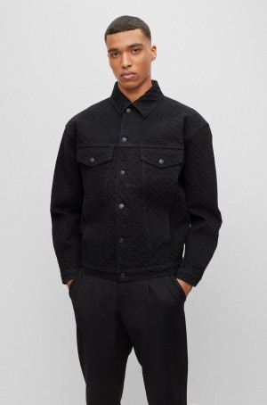 Chamarras Hugo Boss Regular-fit In Monogram-embossed Algodon Denim Hombre Negros | 64307-XJIT
