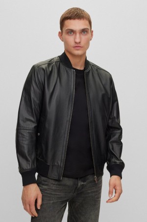 Chamarras Hugo Boss Regular-fit In Textured Soft-touch Cuero Hombre Negros | 40816-ASPZ