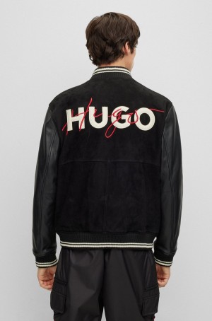 Chamarras Hugo Boss Varsity-style Bomber In Gamuza With Cuero Sleeves Hombre Negros | 60438-AFUN