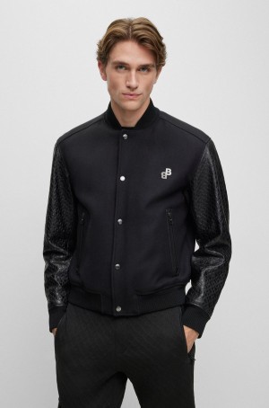 Chamarras Hugo Boss Varsity-style With Monogram-embossed Cuero Sleeves Hombre Negros | 09158-PQGM