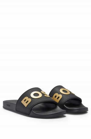 Chanclas Hugo Boss Italian-made Raised Logo Hombre Negros | 98642-QONY