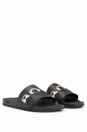 Chanclas Hugo Boss Pvc Signature-stripe Logo And Contoured Footbed Hombre Negros | 38597-JFAD