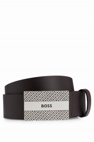 Cinturones Hugo Boss Cuero With Monogram And Logo Plaque Hebilla Hombre Marrom Oscuro | 72659-NXCW