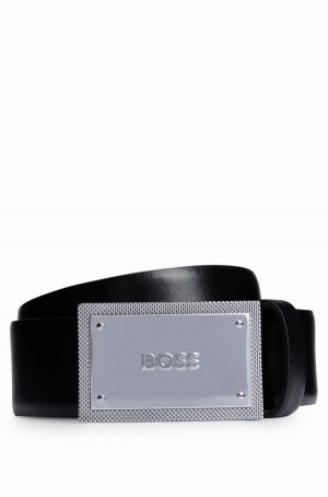 Cinturones Hugo Boss Italian-leather With Branded Plaque Hebilla Hombre Negros | 58761-MKDG