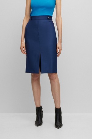 Falda Hugo Boss Button-trim Pencil In Micro-patterned Virgin Lana Mujer Azules | 14923-QFTW