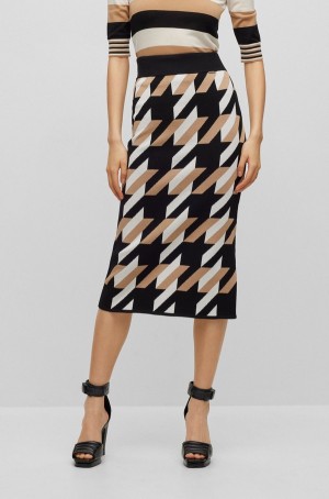 Falda Hugo Boss De Punto Jacquard-pattern Pencil With Logo Trim Mujer Negros Blancos Beige | 01732-SGUB
