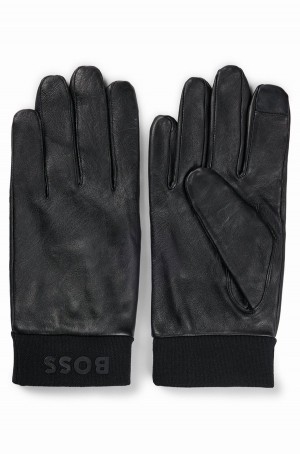 Guantes Hugo Boss Cuero With Branding And Touchscreen-friendly Fingertips Hombre Negros | 96128-ZQSP