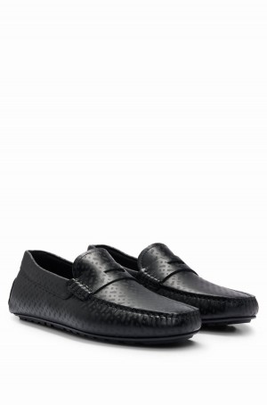 Mocasines Hugo Boss Cuero With Monogram Pattern Hombre Negros | 65390-JMUP