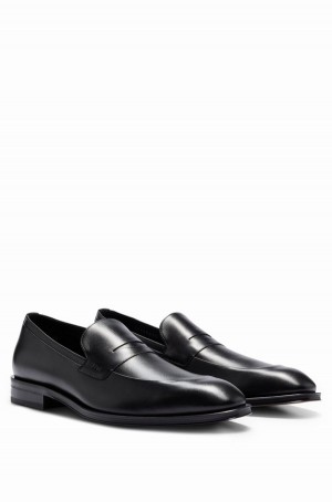 Mocasines Hugo Boss Italian Cuero With Apron Puntera And Branded Trim Hombre Negros | 14375-BNGQ