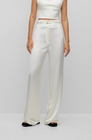 Pantalones Hugo Boss Regular-fit Flared In Satin With Branded Mujer Blancos | 74126-LDJZ