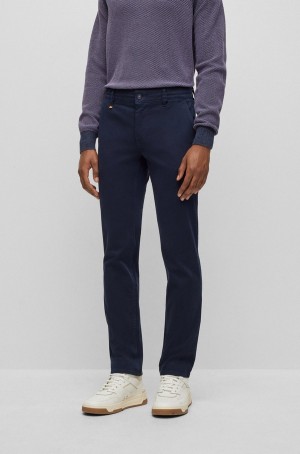 Pantalones Hugo Boss Slim-fit In Stretch-cotton Satin Hombre Azules Oscuro | 15630-FYTG